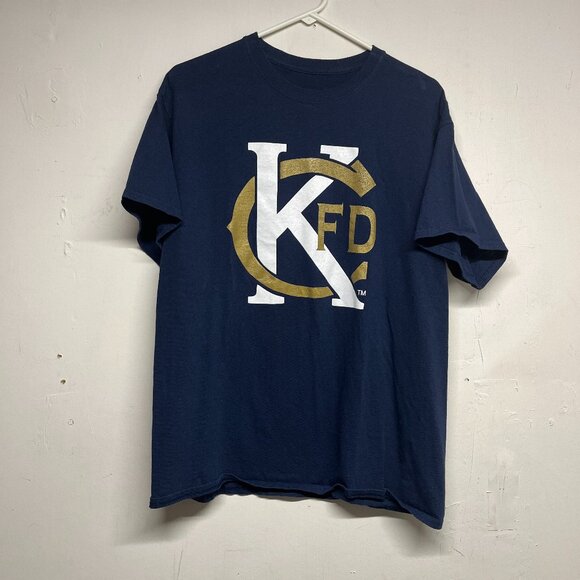 Kansas City Fire Department KCFD Logo T-Shirt Large Navy Blue Gold White - Picture 1 of 3
